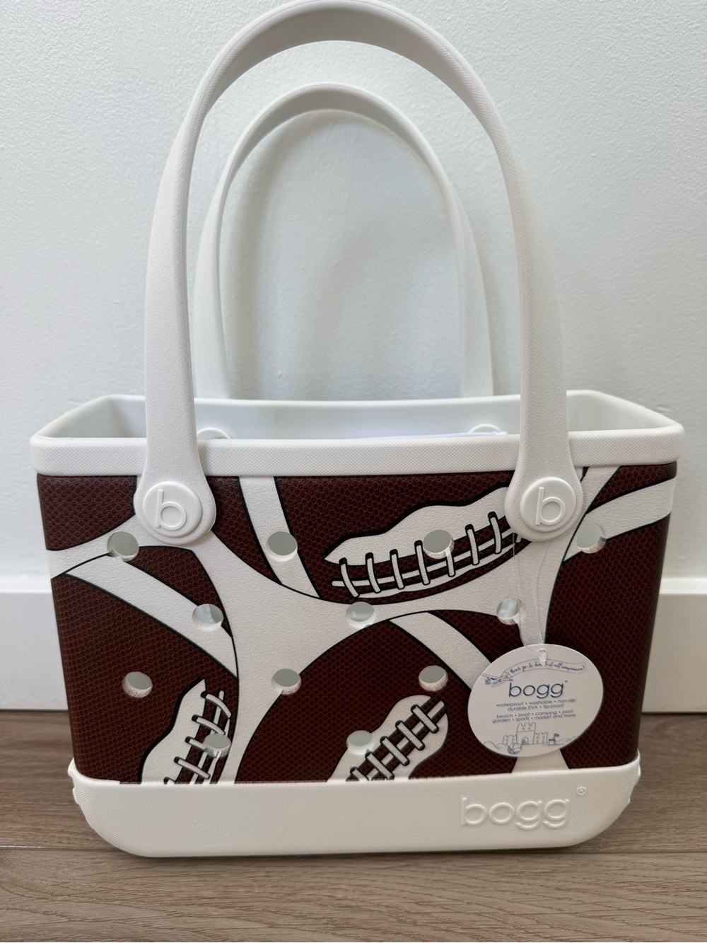 Bitty BOGG BAG White and Brown Football Print Tote